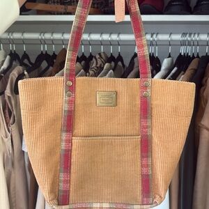Longaberger Tan Corduroy Tote with Red Plaid Straps